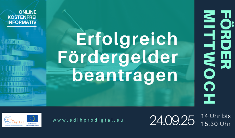 Flyer für Online-Workshop Fördermittwoch, Einführung in die Antragstellung mit mintfarbener Schrift, dunkelblauem Hintergrund und Foto von unserer Referentin