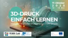 Flyer für Workshop Entwurfsentwicklung & 3D Druck: Hintergrundbild 3D rendering einer Welle, pastellgrün mit orange-gelben Leuchteffekten, darauf weiße Schrift