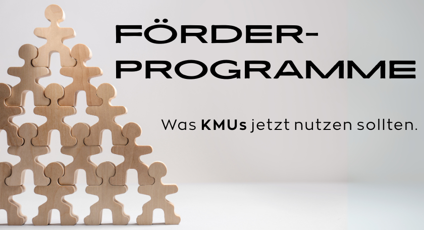 Förderprogramme nutzen Schwarzer Text (Förderprogramme) auf hellem Hintergrund, links eine Pyramide aus Holzmännchen