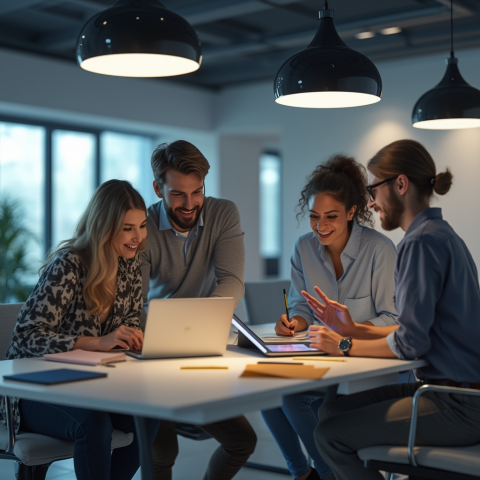 Vier junge Personen um einen Tisch sitztend, bei der Arbeit diskutierend