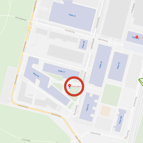 Karte vom Wildau Campus mit Markierung der Science Box, des Bahnhofs und Campus-Parkplatz
