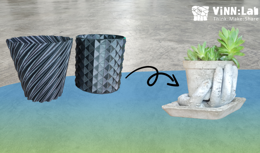Ansicht von 3D gedruckten Gefässen und Vase mit Pflanzen
