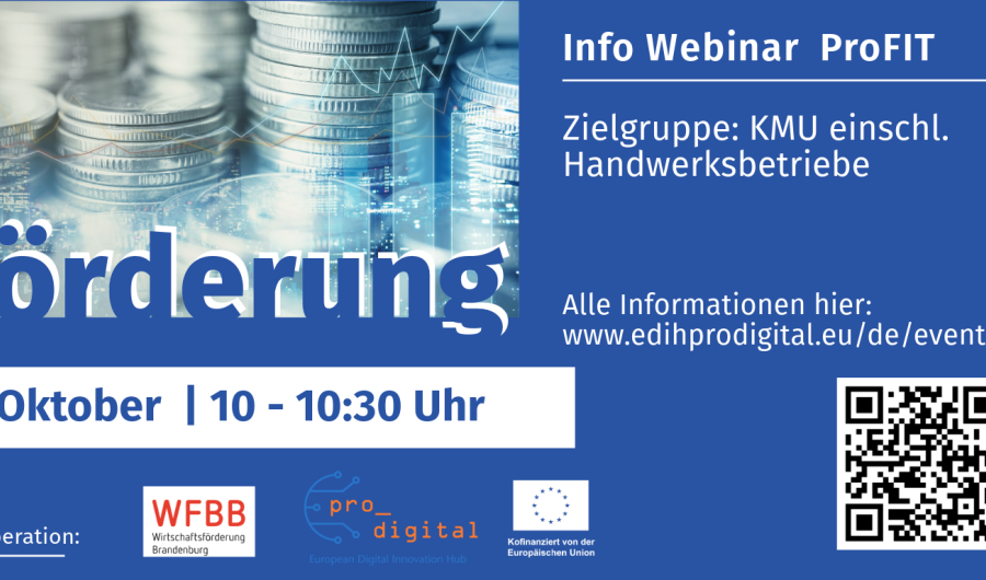 Fördermöglichkeiten ProFIT Webinar Fördermöglichkeiten ProFIT Webinar - 8. Oktober 2024 - 10 - 10:30 Uhr Online