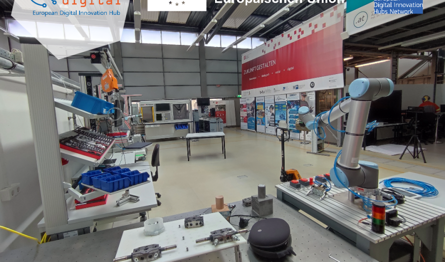 Ansicht Modellhalle Modellhalle mit Logos der Projektpartner