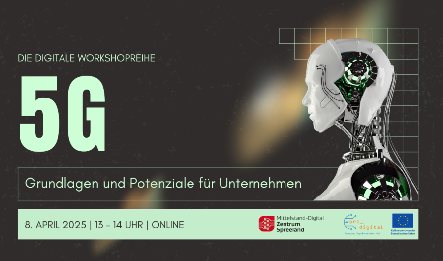 Ein teilweise geöffneter Kopf und Hals eines Humanoiden auf der rechten Seite, links steht "5G"