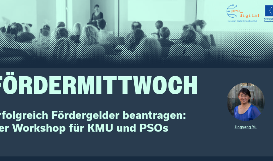 Flyer für Workshop Fördermittwoch, Einfürhung in die Antragstellung mit mintfarbener Schrift, dunkelblauem Hintergrund und Foto von unserer Referentin