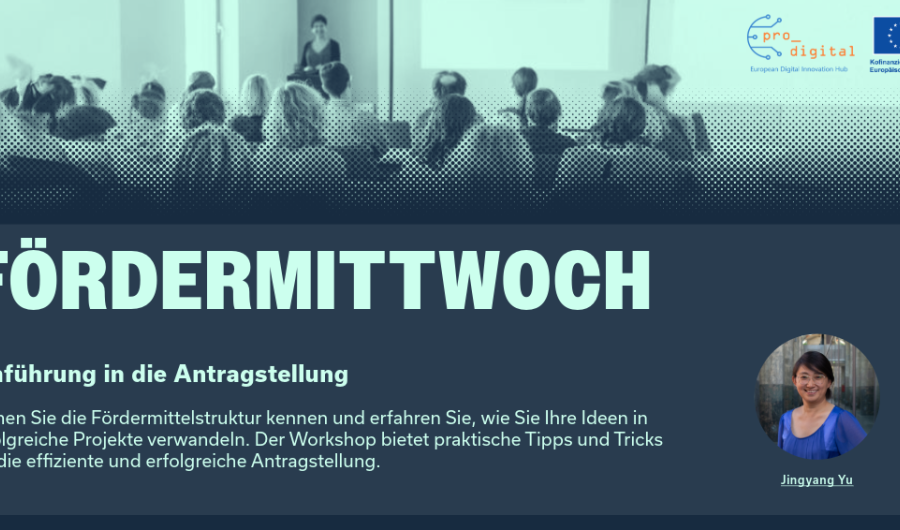 Flyer für Workshop Fördermittwoch, Einfürhung in die Antragstellung mit mintfarbener Schrift, dunkelblauem Hintergrund und Foto von unserer Referentin