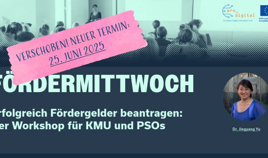 Fördermittwoch - Einführung in die Antragstellung Flyer für Workshop Fördermittwoch, Einfürhung in die Antragstellung mit mintfarbener Schrift, dunkelblauem Hintergrund und Foto von unserer Referentin