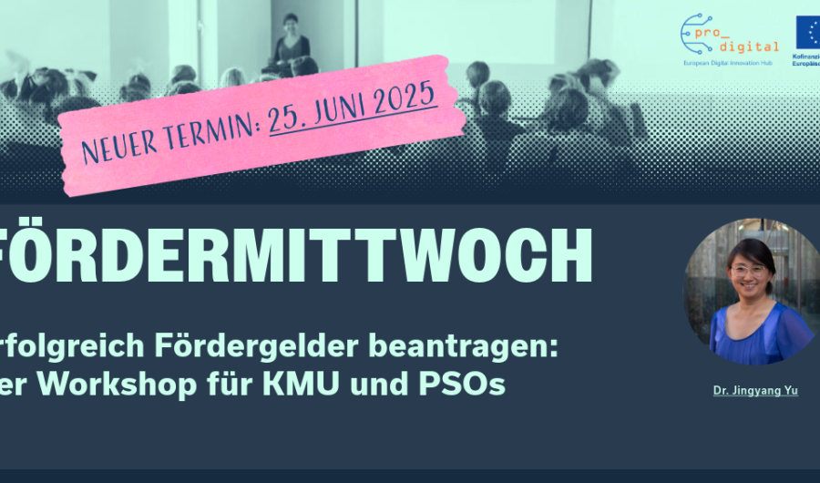 Flyer für Workshop Fördermittwoch, Einfürhung in die Antragstellung mit mintfarbener Schrift, dunkelblauem Hintergrund und Foto von unserer Referentin