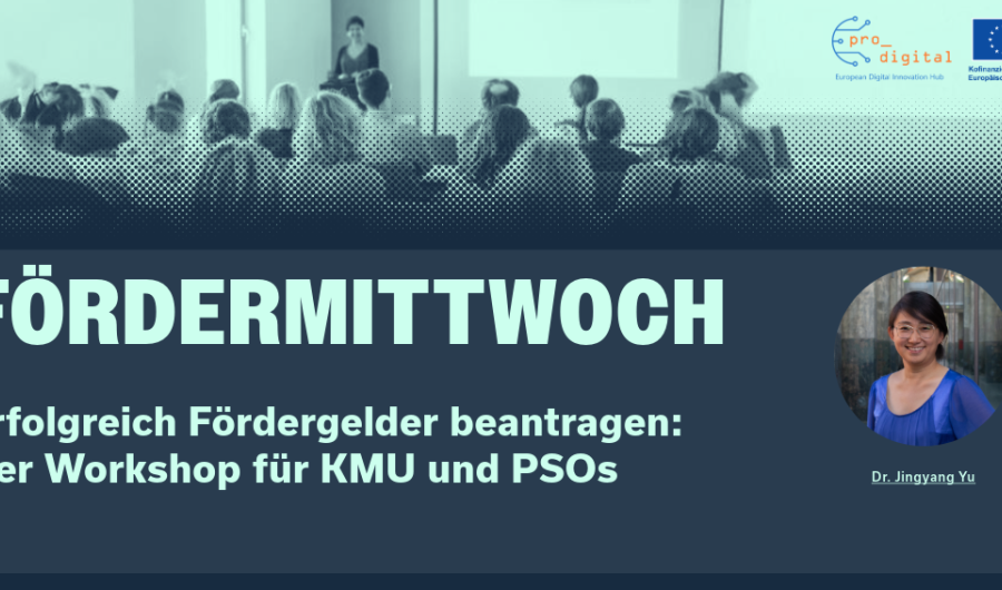Fördermittwoch - Einführung in die Antragstellung Flyer für Workshop Fördermittwoch, Einfürhung in die Antragstellung mit mintfarbener Schrift, dunkelblauem Hintergrund und Foto von unserer Referentin