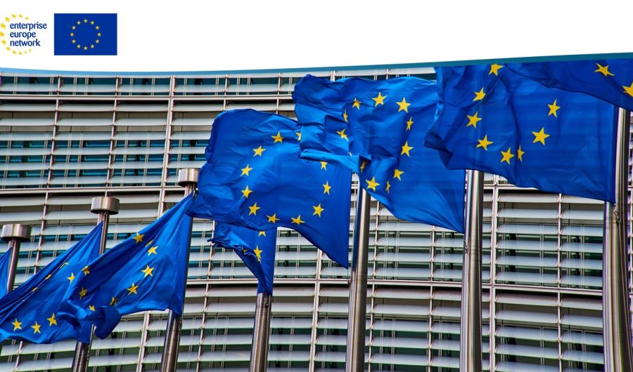 mehrere Europafahnen wehen vor einem Gebäude