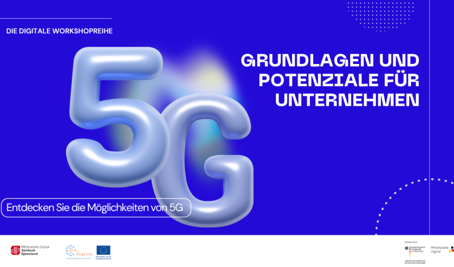 Plakat zur Veranstaltungsankündigung: Die Zukunft mit 5G, blauer Hintergrund, weiße Schrift, 5G Schriftzug wie blau-metallische Ballons