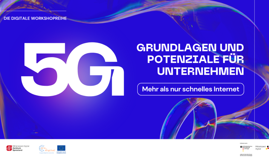Plakat zur Veranstaltungsankündigung: Die Zukunft mit 5G, blauer Hintergrund, weiße Schrift, 5G Schriftzug wie blau-metallische Ballons