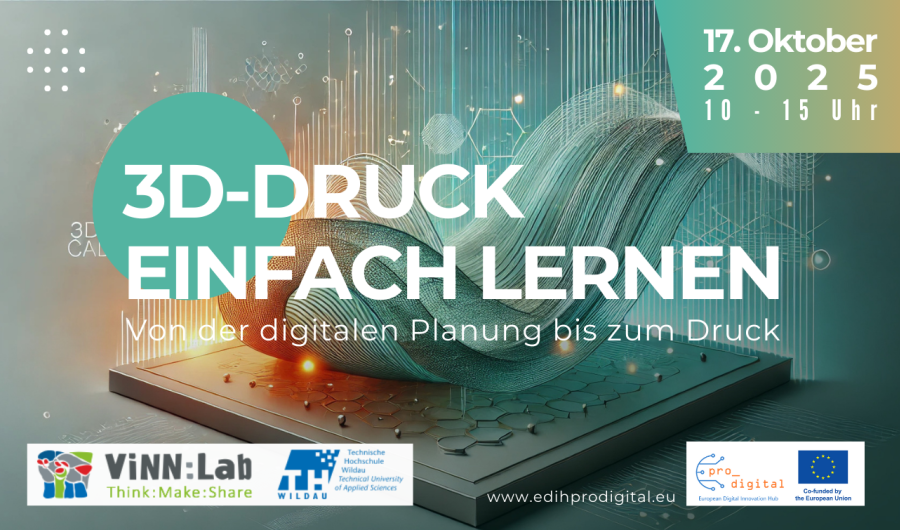 Flyer 3D Druck Workshop Flyer für Workshop Entwurfsentwicklung & 3D Druck: Hintergrundbild 3D rendering einer Welle, pastellgrün mit orange-gelben Leuchteffekten, darauf weiße Schrift