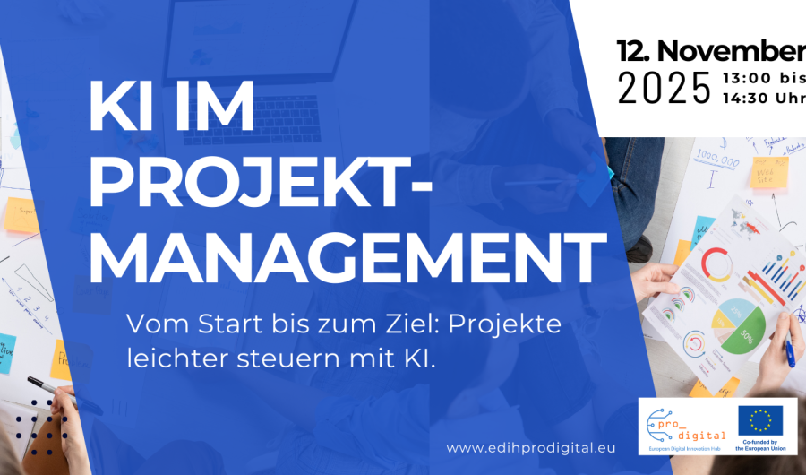 KI im Projektmanagement Flyer KI im Projektmanagement, weiße Schrift auf blauem Hintergrund