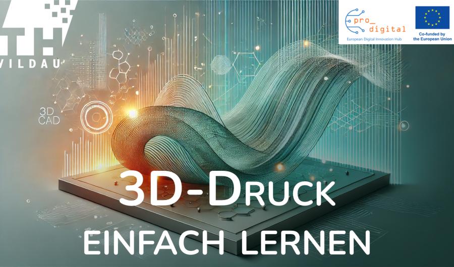 Flyer für Workshop Entwurfsentwicklung & 3D Druck: Hintergrundbild 3D rendering einer Welle, pastellgrün mit orange-gelben Leuchteffekten, darauf weiße Schrift