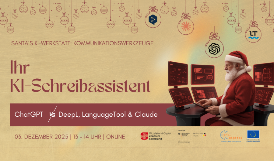 Ihr KI-Schreibassistent Flyer zur Veranstaltung - Weihnachtsmann sitzt vor Bildschirmen