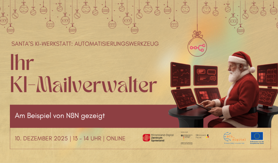 Ihr KI-Mailverwalter Flyer zur Veranstaltung - Weihnachtsmann sitzt vor Bildschirmen