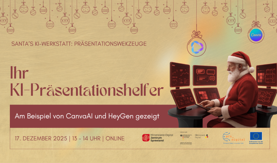 Ihr KI-Präsentationshelfer Flyer zur Veranstaltung - Weihnachtsmann sitzt vor Bildschirmen