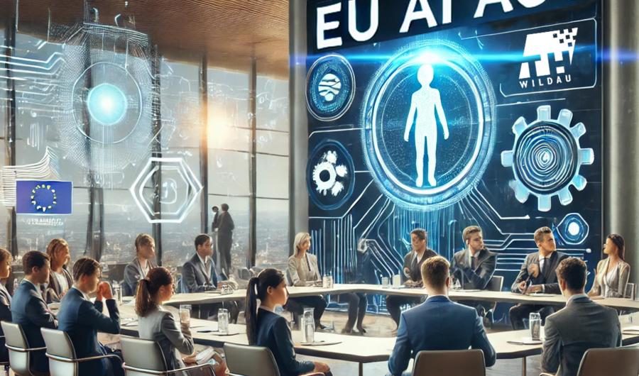 EU AI ACT (C) DallE Mehere Personen sitzen um einen Tisch, im Hintergrund ein Plakat EU AI Act