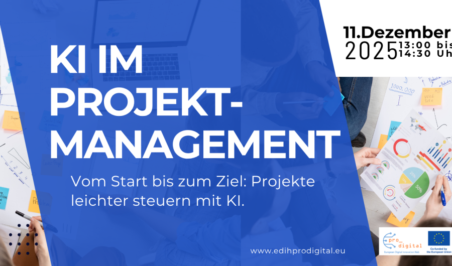 KI im Projektmanagement Flyer KI im Projektmanagement, weiße Schrift auf blauem Hintergrund