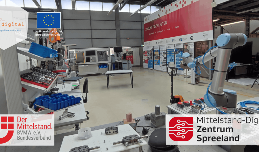 Blick in eine Laborhalle, mit überlagerten Logos der Veranstalter