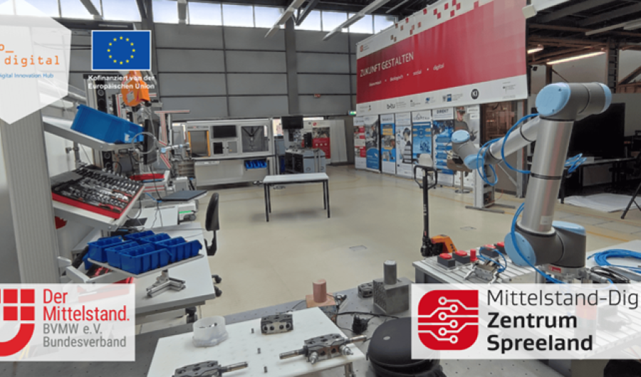 Blick in einer Laborhalle und verschiedene Logos im Vordergrund