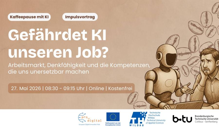Flyer zur Veranstaltung - Kaffeepause mit KI - Gefährdet KI unsere Jobs?