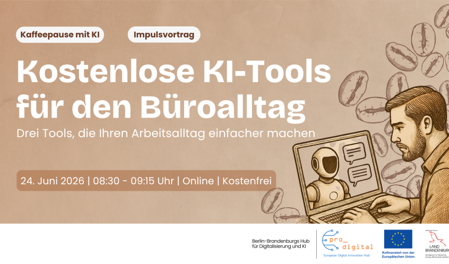 Flyer zur Veranstaltung - Kaffeepause mit KI - Kostenlose KI Tools für den Büroalltag