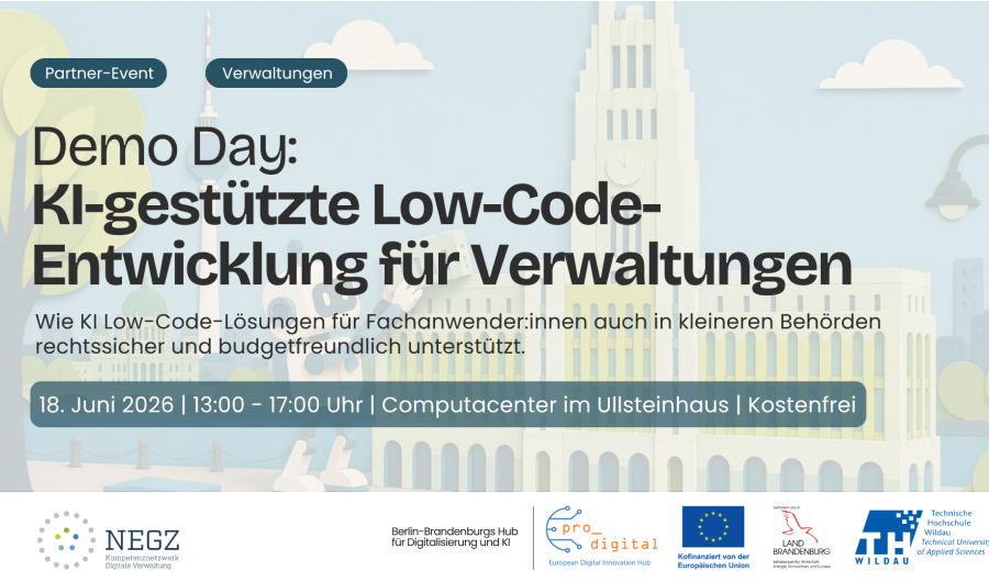 Flyer Demo Day “KI-gestützte Low-Code-Entwicklung für Verwaltungen”