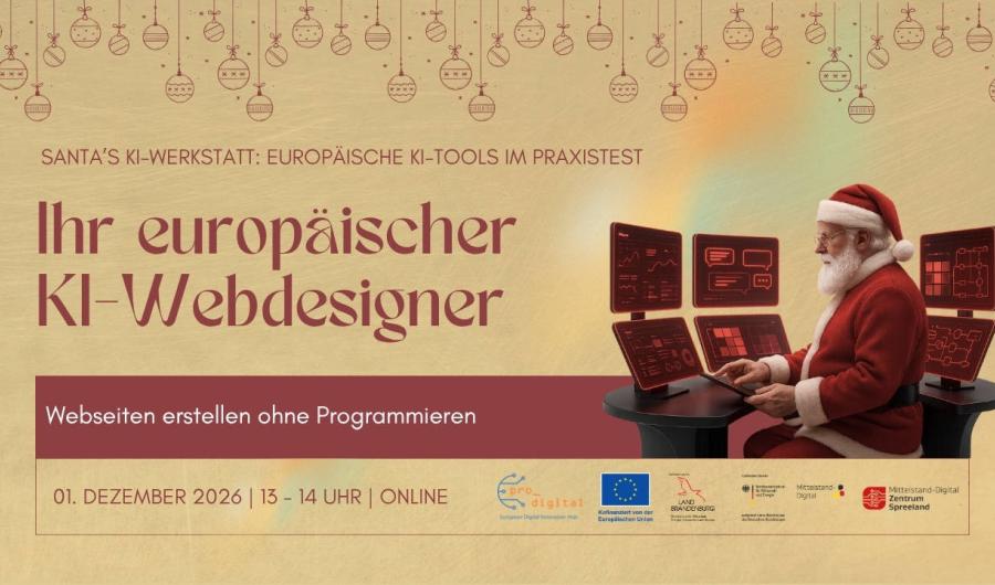 Flyer zur Veranstaltung Santa’s KI-Werkstatt - Ihr europäischer KI-Webdesigner