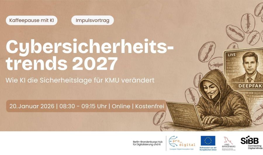 Flyer zur Veranstaltung Kaffeepause mit KI - Cybersicherheitstrends 2027