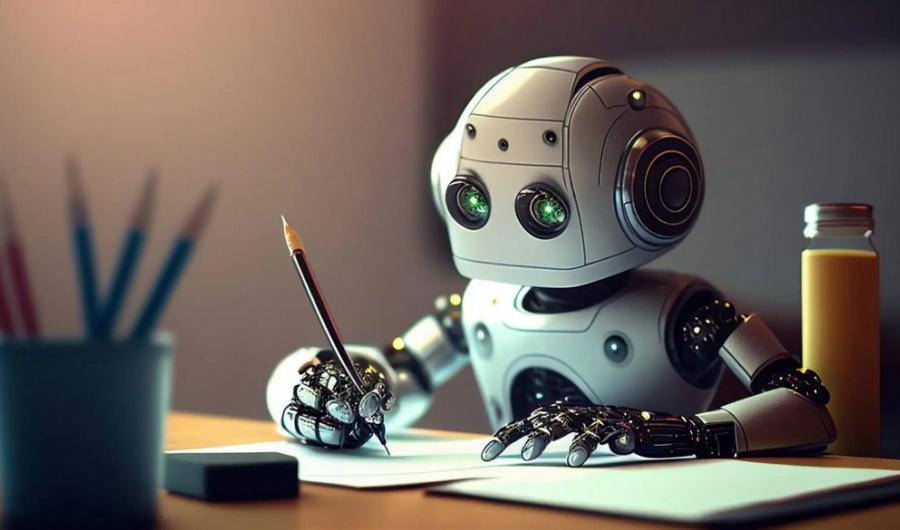 Ein humanoider Roboter sitz an einem Tisch und schreibt auf ein Blatt Papier