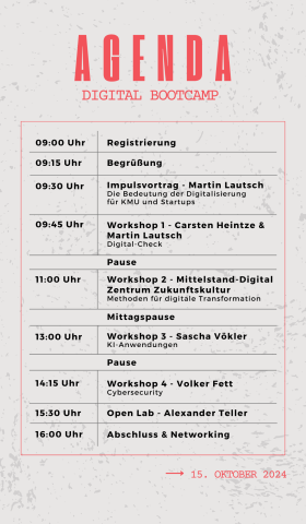 Digital Bootcamp Agenda, beiger Hintergrund, koralle und schwarze Schrift