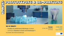 Rapid Prototyping & 3D-Printing Flyer, gelber Hintergrund, Bild von einem 3D Drucker für einen Zahn, 3D Illustration von einem Zahn