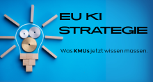 Schwarzer Text (EU KI Strategie) auf blauem Hintergrund, Bild einer Glühbirne