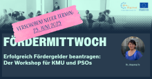Flyer für Workshop Fördermittwoch, Einfürhung in die Antragstellung mit mintfarbener Schrift, dunkelblauem Hintergrund und Foto von unserer Referentin