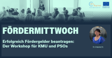 Flyer für Workshop Fördermittwoch, Einfürhung in die Antragstellung mit mintfarbener Schrift, dunkelblauem Hintergrund und Foto von unserer Referentin