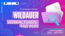 Illustration für den Wildauer Verwaltungstag 2025, 17. September von 9:30 bis 15 Uhr auf dem TH Wildau Campus. Farbgebung: Blau, Türkis, Lila, rosa, pink und weiße Schrift