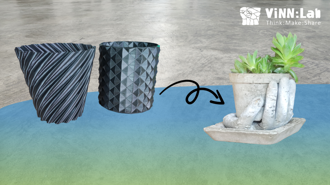 Ansicht von 3D gedruckten Gefässen und Vase mit Pflanzen