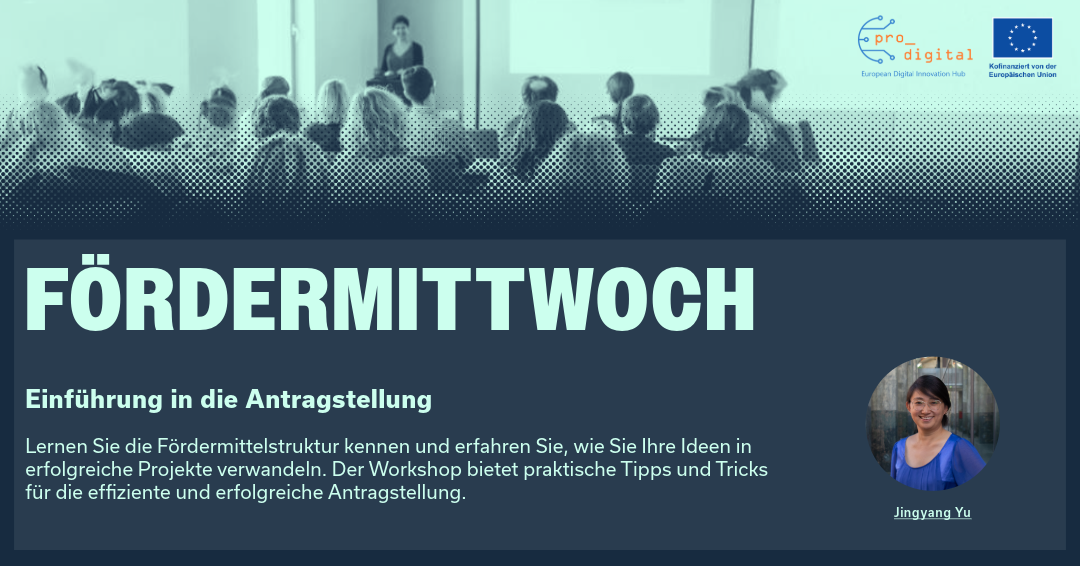 Flyer für Workshop Fördermittwoch, Einfürhung in die Antragstellung mit mintfarbener Schrift, dunkelblauem Hintergrund und Foto von unserer Referentin