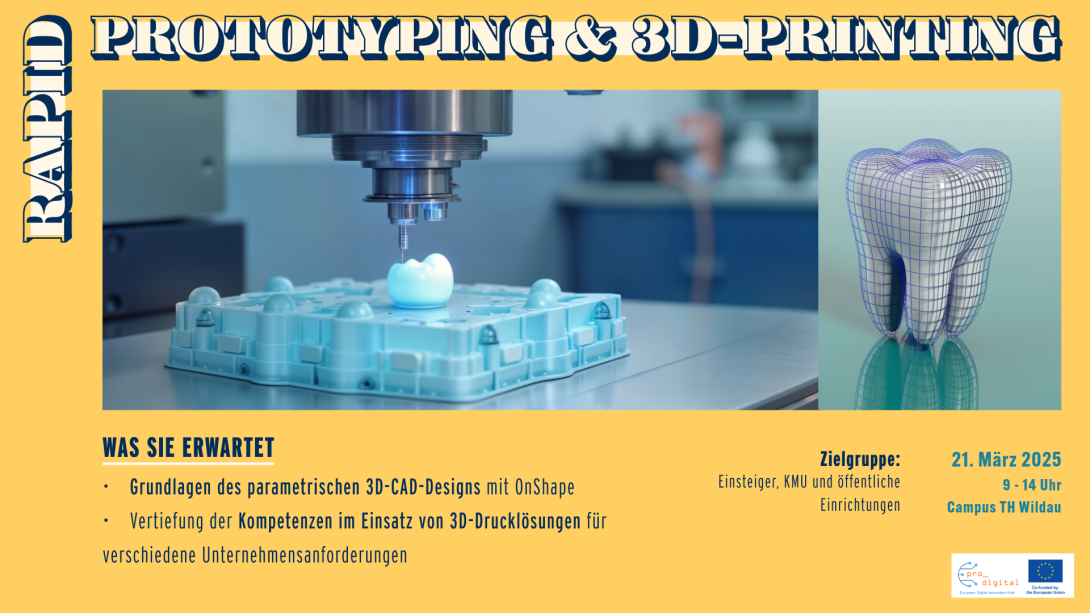 Rapid Prototyping & 3D-Printing Flyer, gelber Hintergrund, Bild von einem 3D Drucker für einen Zahn, 3D Illustration von einem Zahn