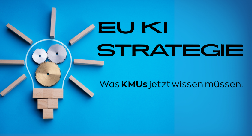 Schwarzer Text (EU KI Strategie) auf blauem Hintergrund, Bild einer Glühbirne