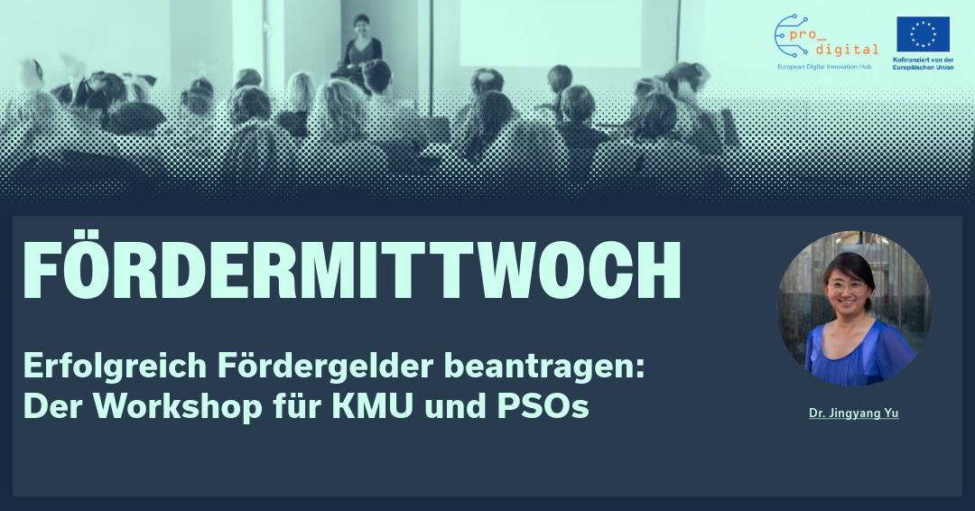 Flyer für Workshop Fördermittwoch, Einfürhung in die Antragstellung mit mintfarbener Schrift, dunkelblauem Hintergrund und Foto von unserer Referentin