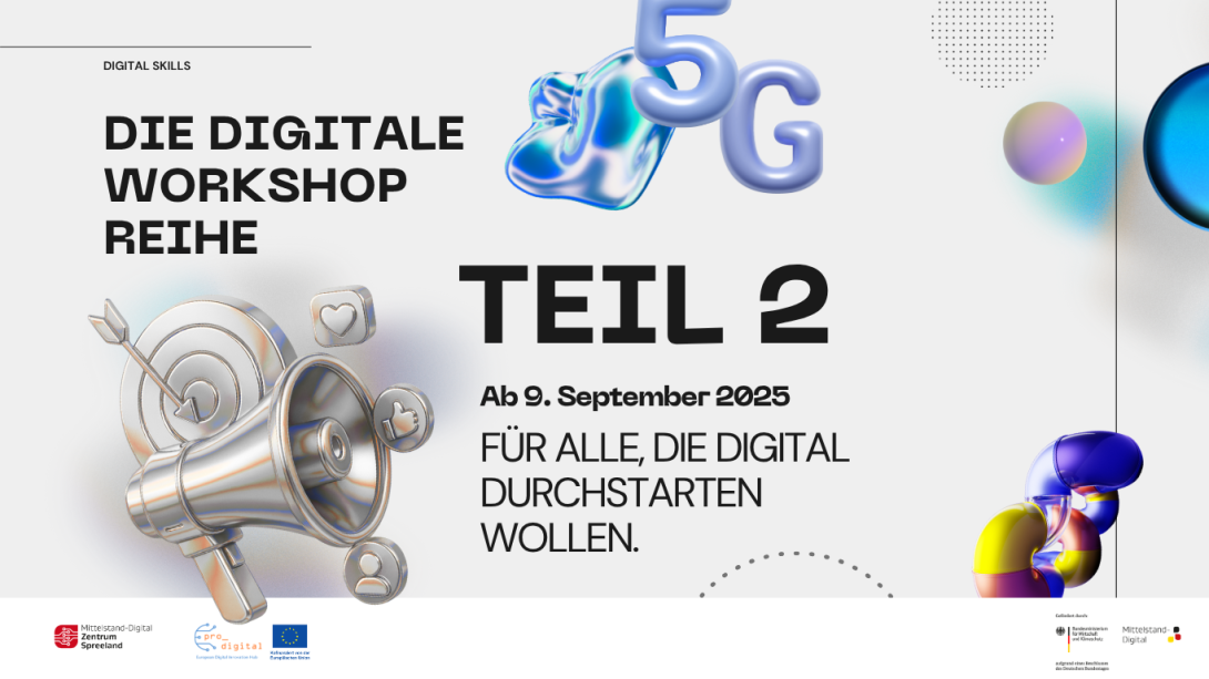 Digitaler Flyer: grau-weißer Hintergrund, schwarze Schrift: Digital Skills, Digitale Workshopreihe, Teil 2, Ab 9. September 2025, Für alle die digital durchstarten wollen; Design-Elemente: 3D Renderings von verschieden geformten Objekten, silbern, blau, grau, lila