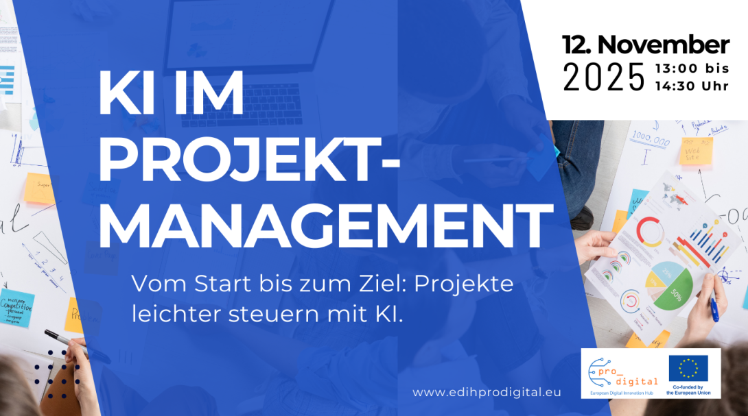 Flyer KI im Projektmanagement, weiße Schrift auf blauem Hintergrund