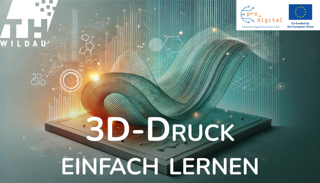 Flyer für Workshop Entwurfsentwicklung & 3D Druck: Hintergrundbild 3D rendering einer Welle, pastellgrün mit orange-gelben Leuchteffekten, darauf weiße Schrift