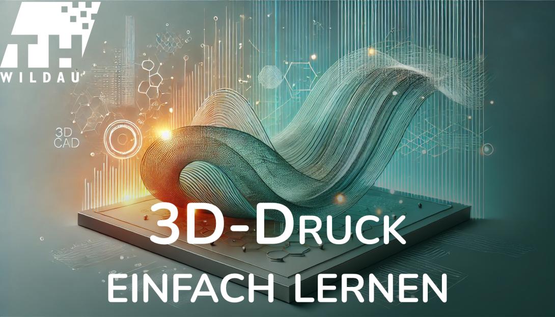 Flyer für Workshop Entwurfsentwicklung & 3D Druck: Hintergrundbild 3D rendering einer Welle, pastellgrün mit orange-gelben Leuchteffekten, darauf weiße Schrift