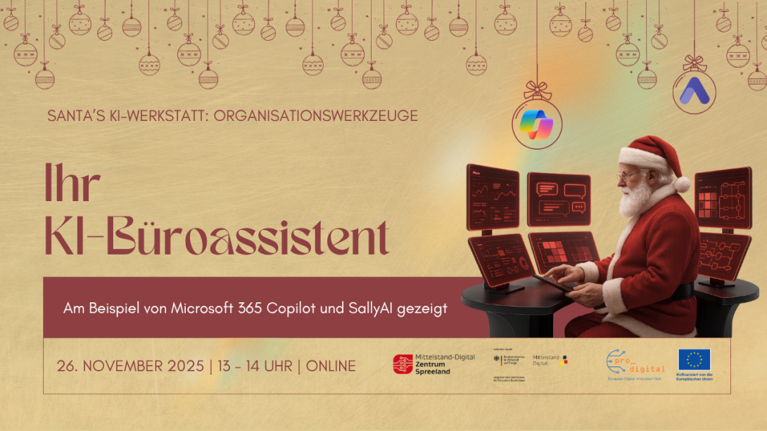 Ihr KI-Büroassistent Flyer zur Veranstaltung - Weihnachtsmann sitz vor Bildschirmen