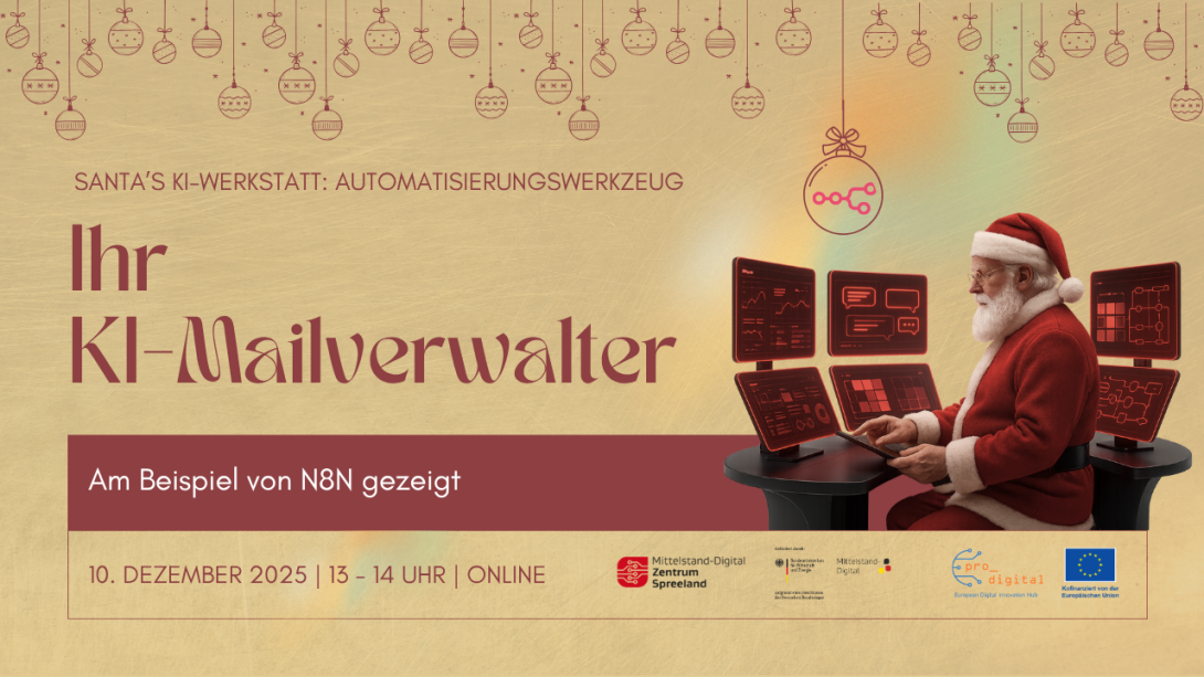 Ihr KI-Mailverwalter Flyer zur Veranstaltung - Weihnachtsmann sitzt vor Bildschirmen